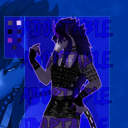 A button featuring a purple humanoid unicorn on a blue background.